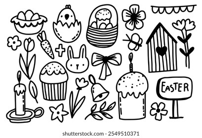 Vector Easter set. Spring Easter elements. Doodle illustration