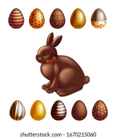 Vector Easter set of sweet chocolate and caramel with different patterns with a chocolate rabbit.