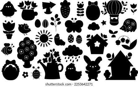 Vector Easter silhouette set. Traditional egg hunt or garden black and white clipart. Shadow collection with bunny, chick, colored eggs, flowers, basket. Spring holiday kawaii cute design
