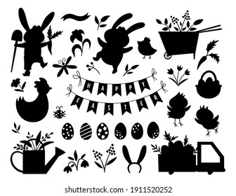 Vector Easter silhouettes set. Vector pack with cute bunny, eggs, bird, chicks, basket black shadows. Spring funny illustration. Adorable holiday icons collection
