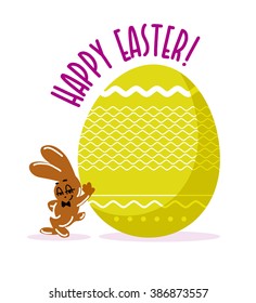 Vector easter simple graphic flat illustration. Holiday card design with colorful easter patterned egg, chocolate rabbit or hare cute funny friendly character. Text message, lettering, congratulation.
