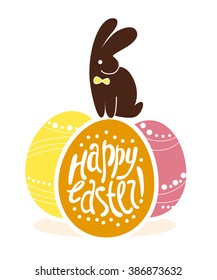Vector easter simple graphic flat spring illustration. Bunny, rabbit, hare character. Holiday card with colorful eggs. Font decoration. Hand drawn text message, lettering, greeting, congratulation.