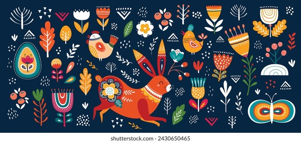 Vector Easter spring collection with easter rabbits, egg and flowers. Happy easter greeting elements.