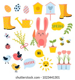 Vector Easter and spring set with cute bunnie with carrot, birds, chicken, eggs, flowers, birdhouses. Ladybug, butterfly, sun, boots. Collection of objects symbolizing the beginning of the spring.