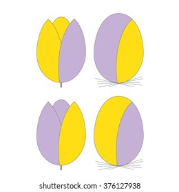 Vector - Easter, spring theme. Egg's shape is used to create a flower-tulip and colored pattern to underline the commonality. Flat, simplified, clean design, purple and yellow. Egg has tiny nest.