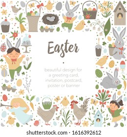 Vector Easter square layout frame border with bunny, eggs and happy children isolated on white background. Christian holiday banner or invitation with place for text. Cute spring card template