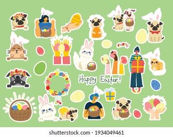 Vector Easter stickers with animals holding the eggs and hand drawn text - Happy Easter in the flat style