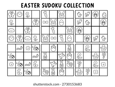 Vektor Oster Sudoku Puzzle für Kinder mit Bildern. Schwarz-weiße Quiz-Kollektion mit Hasen, Eiern, Küken, Blumen, Vögeln. Frühlingslinie Urlaub Aktivität oder Malvorlage. Fehlendes Objekt zeichnen
