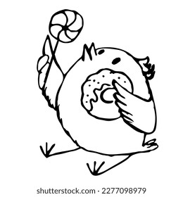  vector easter sweet tooth chicken with donuts and lollipop on a white background