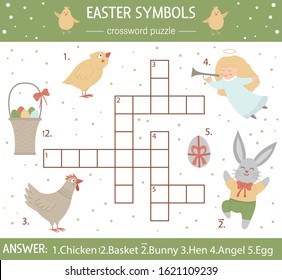 Vector Easter symbols crossword puzzle. Bright and colorful spring quiz for children. Educational holiday activity with colored egg, chicken, bunny