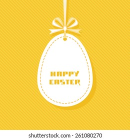 Vector Easter tag. Egg banner with ribbon and bow. Festive background. Decorative golden illustration for print, web