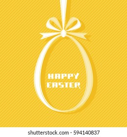 Vector Easter tag. Egg banner from yellow ribbon and bow. Festive background. Decorative illustration for print, web