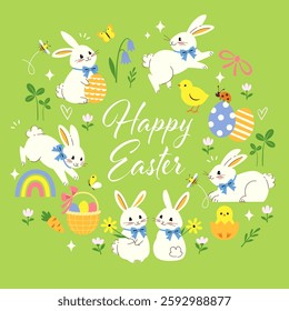 Vector Easter template for greeting card, poster, packaging, gift bag, banners with cute bunnies.