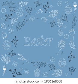 Vector Easter template for greeting cards, invitations, posters with images of Easter eggs, flowers, twigs 