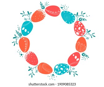 Vector Easter template with red, blue, orange Easter eggs and green leaves arranged in circle frame on a white background. Copy space