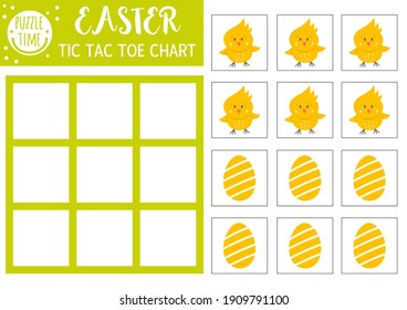 Vector Easter tic tac toe chart with cute chicken and egg. Holiday board game playing field with traditional character. Funny spring printable worksheet for kids. Noughts and crosses grid 
