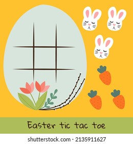 Vector Easter tic tac toe chart with cute bunny and carrot. Holiday board game playing field with traditional character. Funny spring printable worksheet for kids.