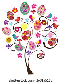 vector Easter tree with floral eggs, birds, flowers