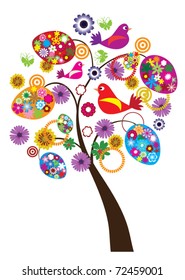 vector easter tree with floral eggs, flowers and birds