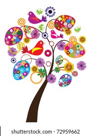 vector easter tree with floral eggs, birds and butterflies