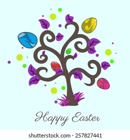 Vector easter tree. Holiday card. Violet color. Blue background. File format eps 10