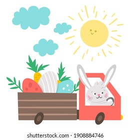 Vector Easter truck icon with colored eggs and carrots, clouds and sun. Bunny driving a car with holiday presents isolated on white background. Spring greeting card template with cute rabbit for kids