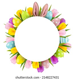 Vector Easter Tulips Round Frame isolated on white background