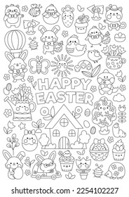 Vector Easter vertical line coloring page for kids with cute kawaii characters. Black and white spring holiday illustration with bunny, chicks, animals, eggs, flowers. Funny garden searching poster
