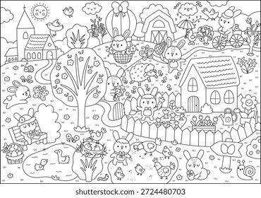 Vector Easter village black and white landscape. Rural nature detailed line scene with church, bunny, colored eggs, animals, house with garden, chicks. Spring holiday background for kids 
