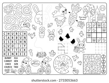 Vetor Aldeia de Páscoa preto e branco placemat. Esteira de atividade imprimível de linha de férias de primavera com labirinto, palavras cruzadas, correspondência de sombra, encontrar diferença. Reproduzir tapete, menu, planilha de revistas infantis
