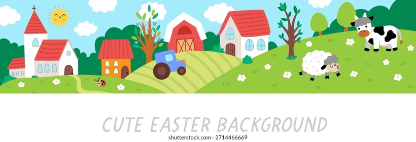 Vector Easter village horizontal landscape. Rural nature scene with church, house, barn, tractor, cow and sheep. Spring holiday or farm background for kids with blooming trees, flowers, sun
