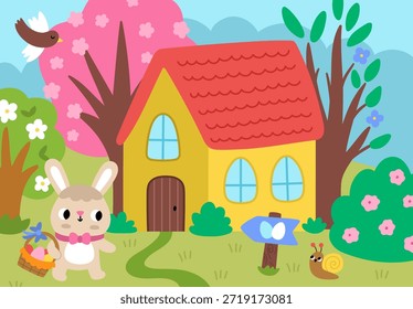 Vector Easter village horizontal landscape. Rural nature scene with bunny in the blooming garden going to his house with egg basket. Spring holiday background for kids with cute country cottage
