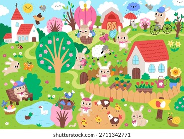 Vector Paisaje del pueblo de Pascua. Escena detallada de la naturaleza rural con la iglesia, conejo, huevos de colores, animales, casa con zanahorias y jardín, árboles en flor, polluelos. Lindo fondo de vacaciones de primavera para niños 
