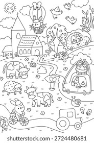 Vector Easter village landscape. Rural detailed line scene with church, bunny driving carrot shaped car, cows, egg hunt sign. Black and white spring holiday background, coloring page for kids 
