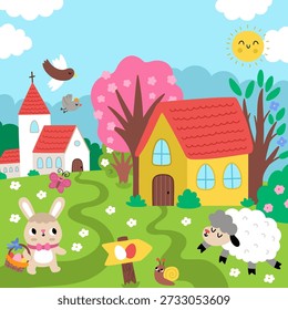 Vektorgrafik der Osterdorflandschaft. Ländliche Natur detaillierte Szene mit Kirche, Hase mit Korb, Schafe, Ei-Jagd-Zeichen, Küken, blühende Bäume. Netter Frühling Urlaub quadratischen Hintergrund oder Buchcover für Kinder 

