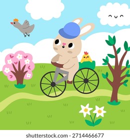 Vector Easter village square landscape. Rural nature scene with bunny riding a bike through the meadow on a country road. Spring holiday background for kids with blooming tree, bird
