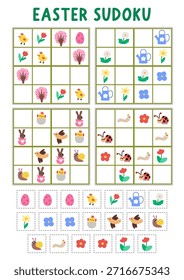 Vector Puzzle de sudoku de pueblo de Pascua para niños con imágenes. Sencillo cuestionario de vacaciones de primavera con Elementos de corte y pegamento. Actividad de Educación con conejito de chocolate, huevo, polluelo, flor. Dibujar objetos que faltan
