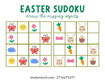 Vektor Osterdorf Sudoku Puzzle für Kinder mit Bildern. Quiz mit Hase, Schokoladenei, Karotte, Blume, Wolke, Sonne. Frühlingsferienaktivität mit traditionellem Symbol. Fehlendes Objekt zeichnen
