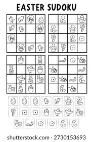 Vector Puzzle de sudoku de pueblo de Pascua para niños con imágenes. Concurso de vacaciones de primavera en blanco y negro con Elementos cortados y pegados. Actividad de línea de Educación, página para colorear con conejo de chocolate, huevo

