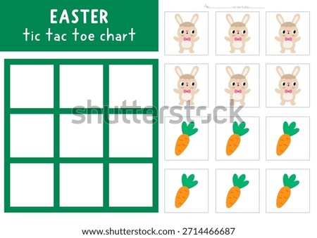 Vector Easter village tic tac toe chart with holiday symbols. Spring board game playing field with cute characters. Funny printable worksheet. Noughts and crosses grid with bunny and carrot
