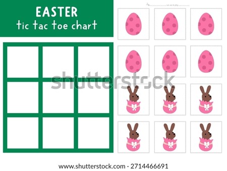Vector Easter village tic tac toe chart with holiday symbols. Spring board game playing field. Funny printable worksheet. Noughts and crosses grid with chocolate egg and bunny
