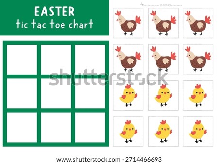 Vector Easter village tic tac toe chart with holiday symbols. Spring board game playing field with cute characters. Funny printable worksheet. Noughts and crosses grid with hen and chick