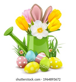 Vector Easter Watering Can with Rabbit isolated on white background