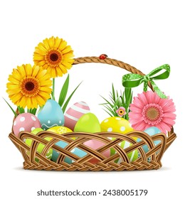 Vector Easter Wicker Dish with Gerbera isolated on white background