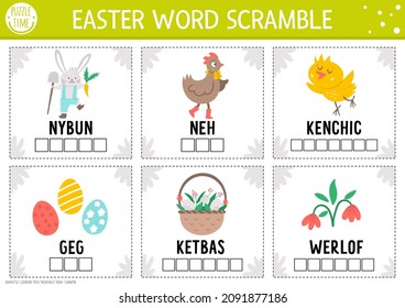 Vector Easter word scramble activity page. English language game with bunny, hen, chicken, Easter eggs, basket for kids. Spring holiday family quiz. Simple educational printable worksheet.
