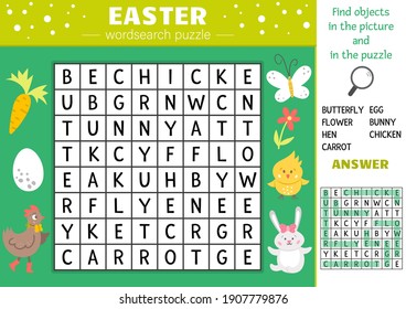 Vector Easter Wordsearch Puzzle For Kids. Simple Spring Crossword With Traditional Holiday Symbols For Children. Educational Keyword Activity With Cute Funny Characters And Objects
