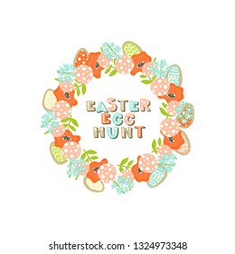 Vector Easter wreath with colorful cookie eggs, flowers, and branches on  white background. Perfect for holiday greeting cards