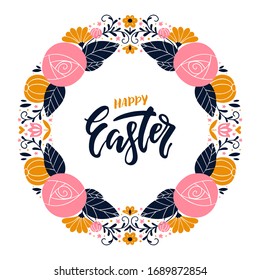 Vector Easter wreath with colorful  eggs, flowers, plants and branches on white background. Perfect for holiday greeting cards