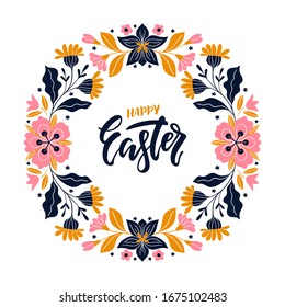 Vector Easter wreath with colorful flowers and branches on white background. Holiday lettering. Perfect for holiday greeting cards