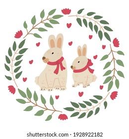 Vector Easter wreath with cute bunnies or rabbits. Hand drawn illustration isolated on white background. Springtime and Easter greeting card, poster.